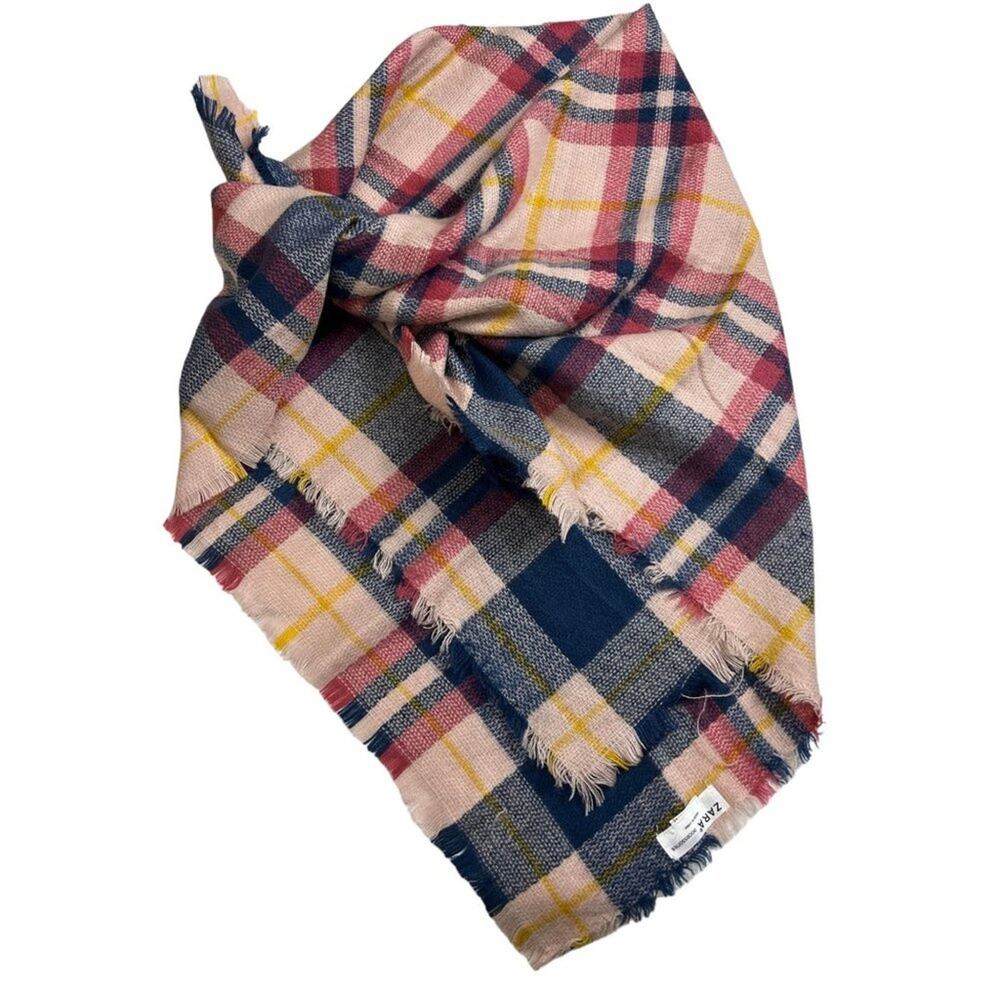 Zara‎ Plaid Blanket Scarf Blue Red Beige Square